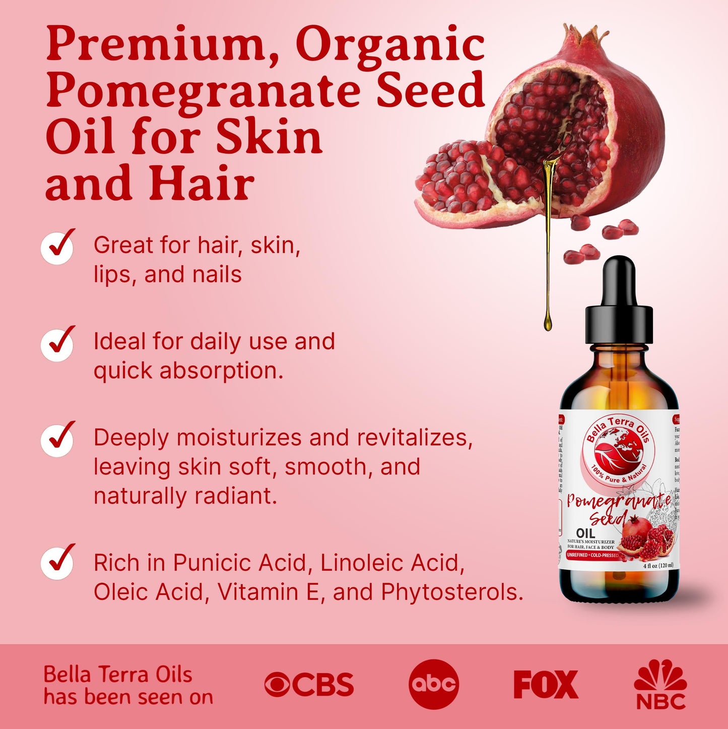 Bella Terra Oils - Natural Pomegranate Seed Oil 16oz - Steeped in Essential Minerals & Vitamins, A Symphony for Soft, Smooth, and Lustrous Skin