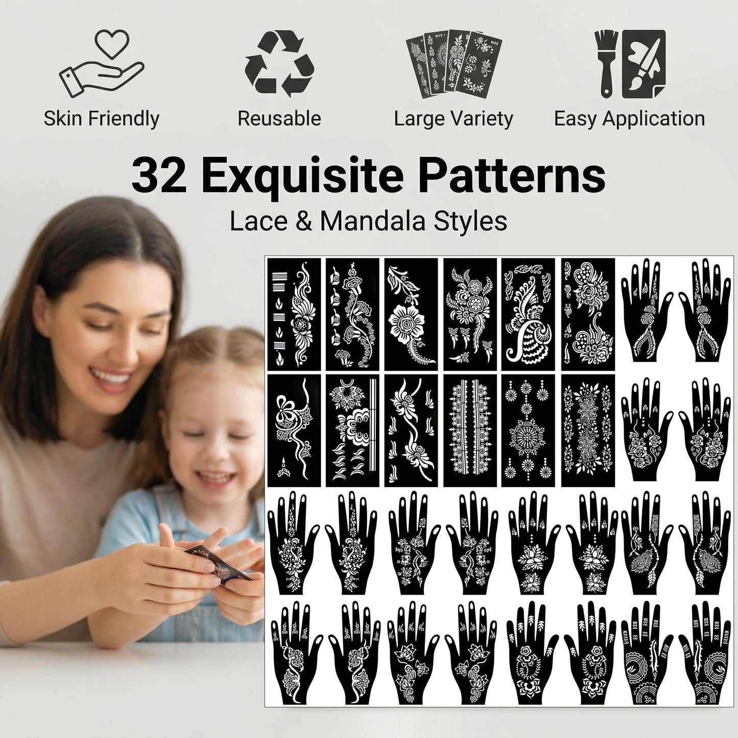 Kotbs 32 Sheets Henna Tattoo Stencils for Hands Forearm Face Paint Body Art, Temporary Glitter Airbrush Flower Tattoo Stencils for Women and Girls Reusable