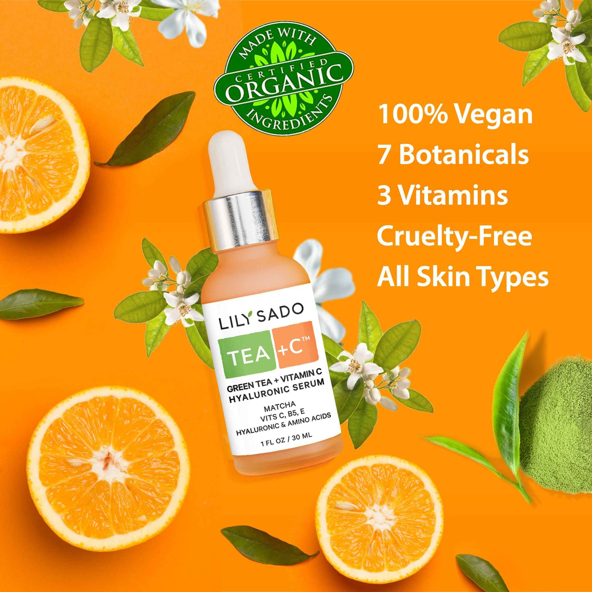 LILY SADO TEA+C Green Tea + Vitamin C Super Serum - Natural Vegan Serum - Best Antioxidant, Anti-Wrinkle Moisturizing Formula - Softens, Hydrates, Firms & Tones for Luscious, Radiant Skin