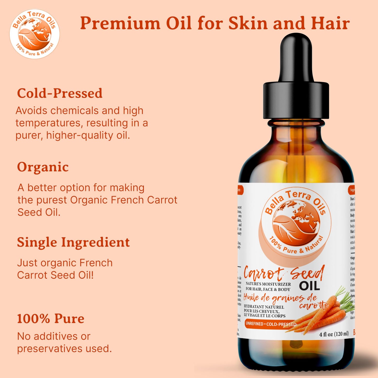 Bella Terra Oils - Organic Carrot Seed Oil 8 oz - Unveiling Organic Carrot's Enzymes & Nutritional Benefits, A Cold-Pressed Delight for a Natural Skin Glow