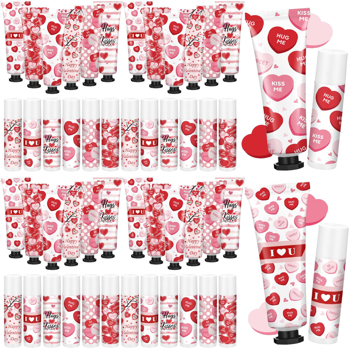 Demissle 24 Sets Bulk Hand Cream & Lip Balm Party Favors for Women – Red Heart Candy Moisturizing Hand Lotion Set, Mother's Day Basket Stuffers Gifts, Teacher & Coworker Appreciation Goodie Bags