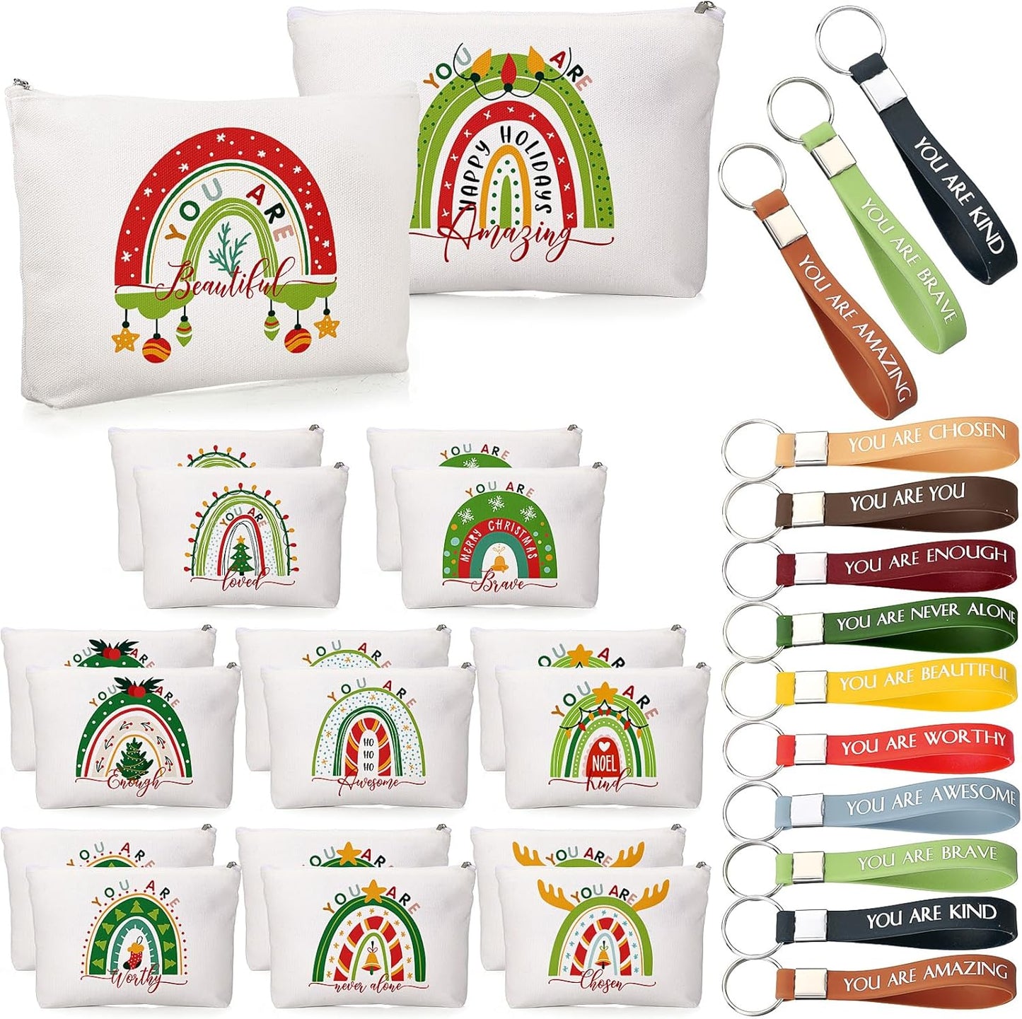 Inspirational Gifts for Women - 40 Pcs Rainbow Canvas Makeup Bags & Keychains | Perfect for Staff & Team Appreciation