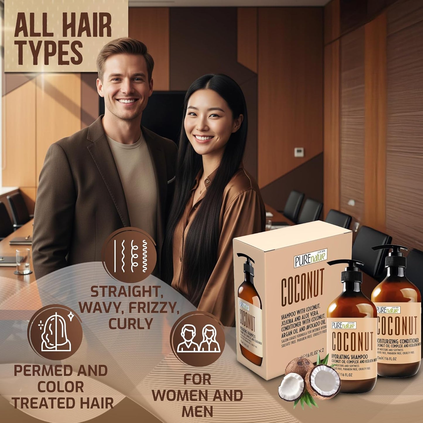 Coconut Shampoo and Conditioner Set - Sulfate-Free Hydrating Duo for Dry, Frizzy Hair | 16 Fl Oz (Set of 2)