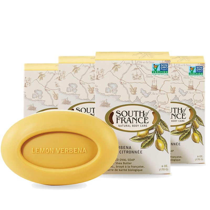 Lemon Verbena Clean Bar Soap by South of France Clean Body Care Triple-Milled French Soap with Organic Shea Butter + Essential Oils Vegan, Non-GMO Body Soap 6 oz Bar 4 Pack