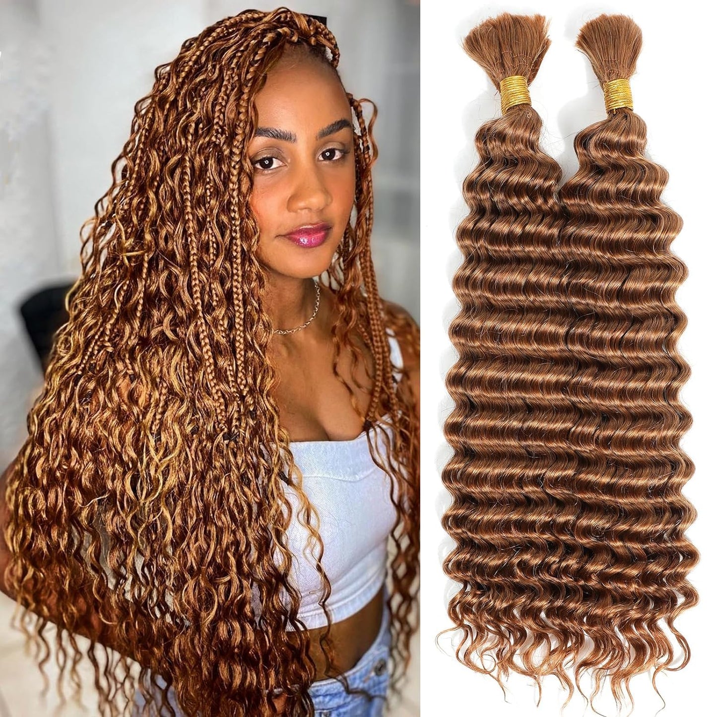 Giginger Color 30 Dark Brown Deep Wave Bulk Human Braiding Hair 50g Per Bundle 2 Pcs Total 100g 20 Inch Brazilian Virgin Bulk Human Hair Bundles July Summer Boho Hair for Braiding