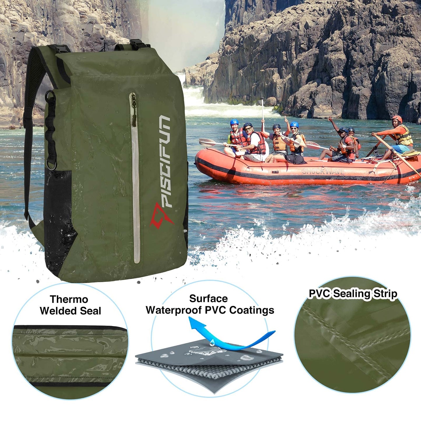 Piscifun Dry Bag Waterproof, Floating Dry Backpack, Lightweight Waterproof Dry Bag with Waist Pouch and Phone Case for Kayaking, Camping, Beach, Boating & Swimming for Men & Women Army Green 30L
