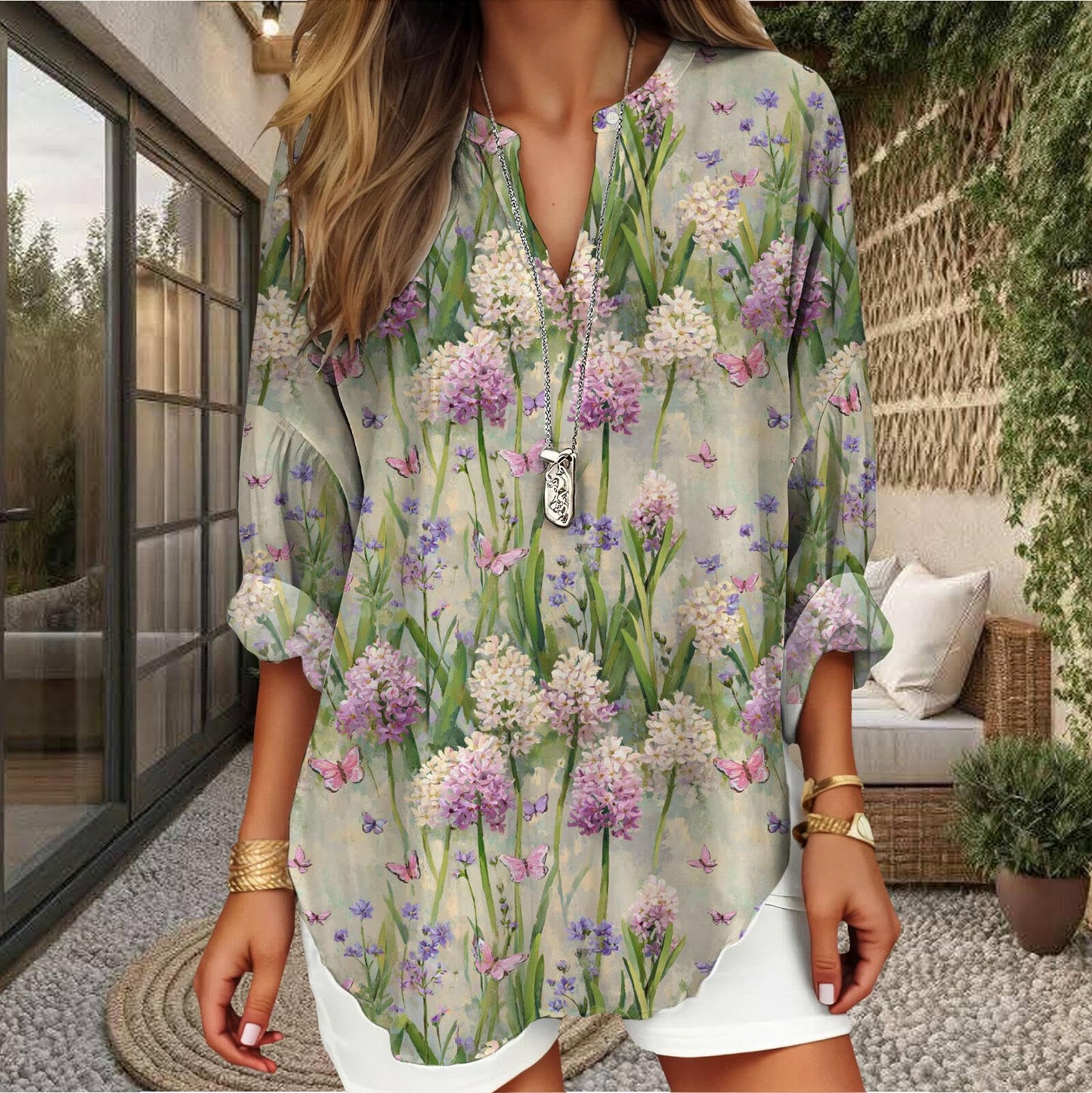 Purple Lavender Shirt for Womens Vintage Long Sleeve Curved Hem V Neck Casual Lightweight Loose Oil Painting Printed Shirts 2025 Trendy Work Tops 2XL