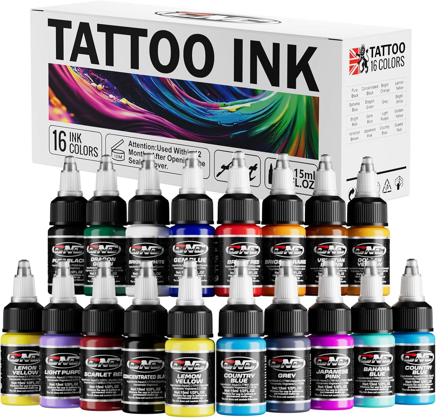 CNC Tattoo Ink Set - 16 Color Pigment Kit for Lining & Shading | 1/2oz (15ml) Bottles