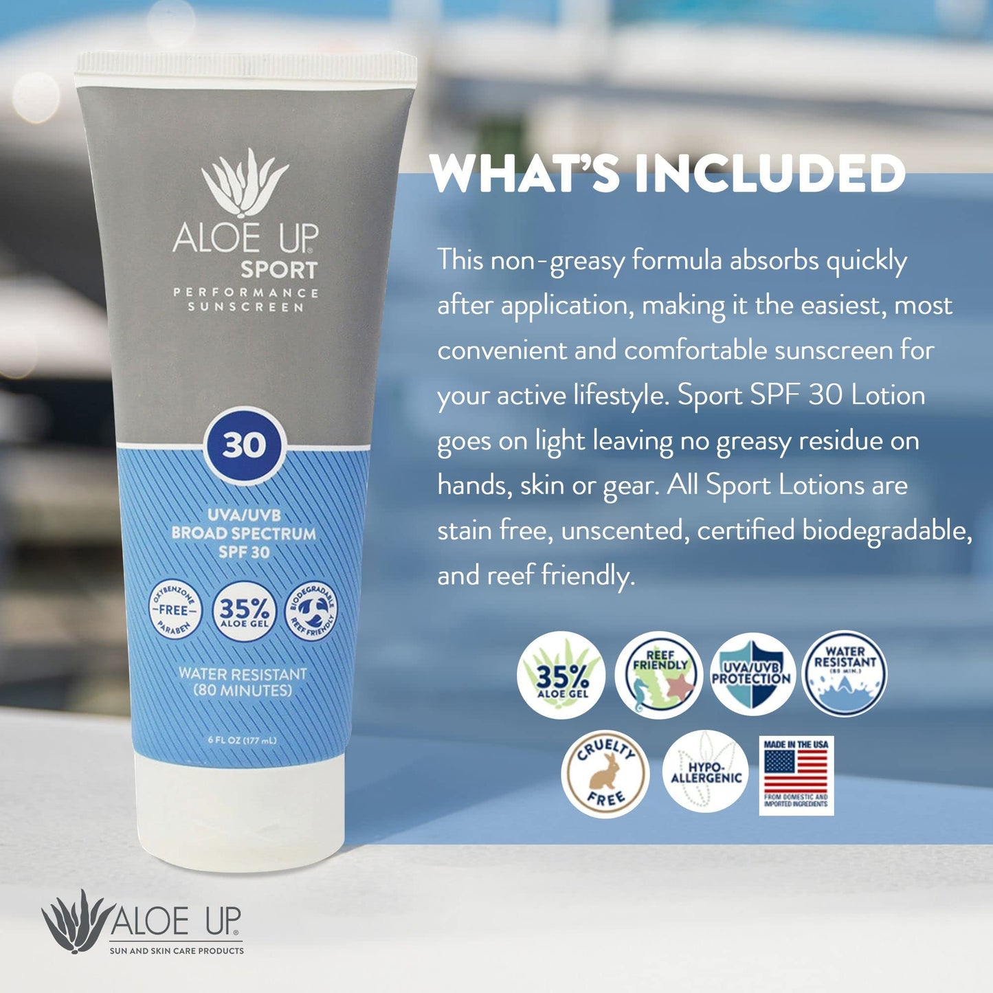 Aloe Up Sport Sunscreen Body Lotion SPF 30 – Broad Spectrum Sunblock with Hydrating Aloe Vera Gel – Non Greasy, No White Cast, Reef Friendly, Fragrance Free –
