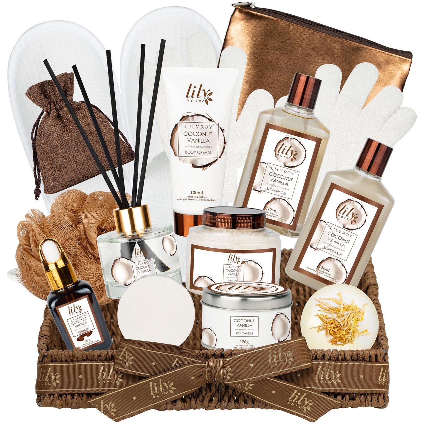 Coconut Vanilla Spa Gift Set, Complete Spa Bath Gift Basket for Women & Men