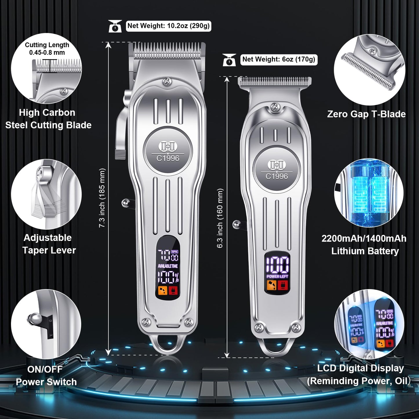 CIICII Hair Clippers for Men Professional, Cordless Barber Clippers for Hair Cutting (12Pcs Rechargeable USB Adjustable LCD Display Hair Beard Grooming Trimming Haircut Kit) for DIY Home Barber Salon