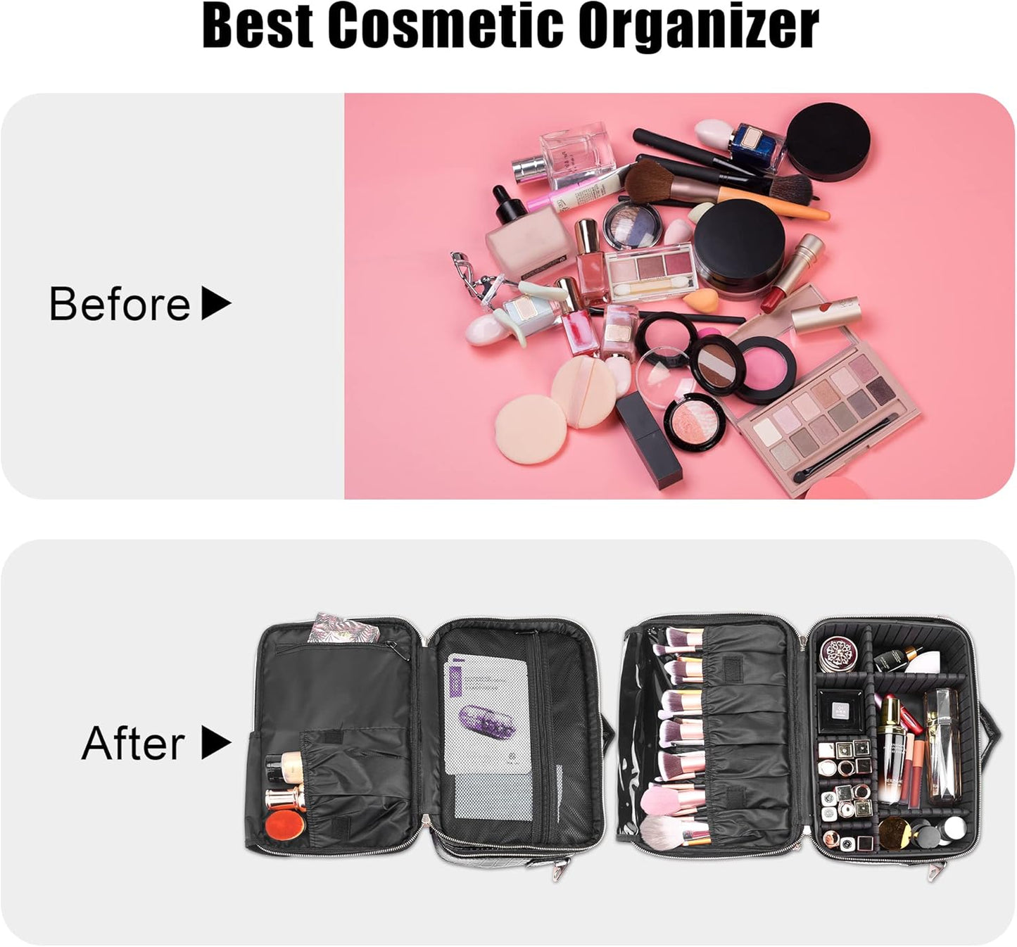 Travel Makeup Train Case - Large Capacity Cosmetic Bag Organizer for Women | Adjustable Dividers & Shoulder Strap - Medium Crocodile Pattern Black