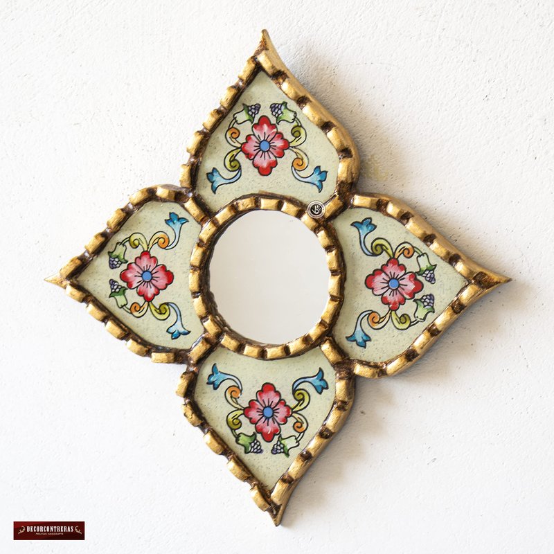 DecorContreras Small Peruvian Mirror, Handmade Artisan Mirror Wall Decor, Reverse Painted Glass Diamond Shape Mirrors 8.26" (Beige)