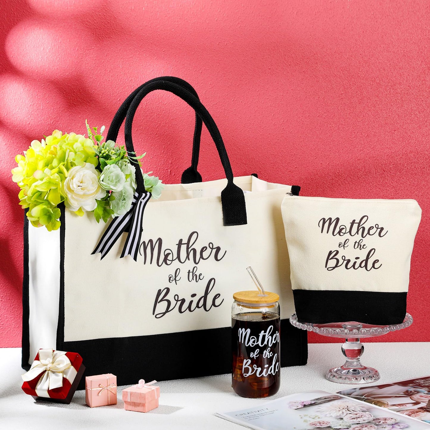 Zubebe 3 Pcs Mother of the Bride Groom Gifts Cup for Wedding Bridal Shower Include Glass Tumbler Canvas Tote Bag Makeup Bag(Mother of the Bride)
