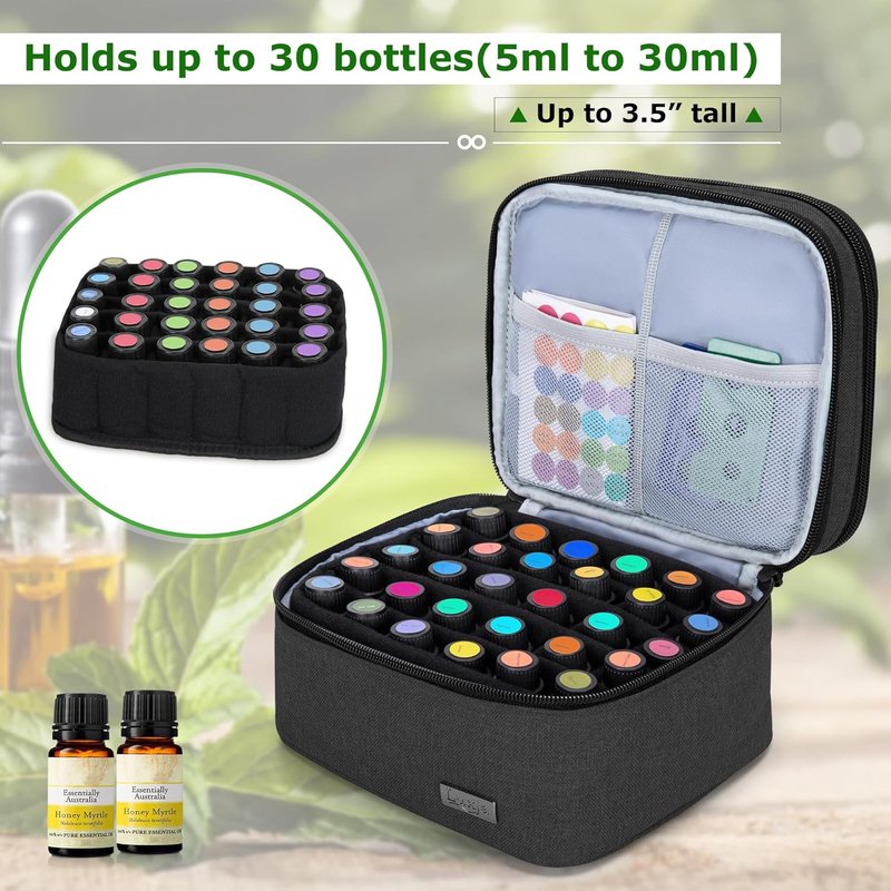 Essential Oil Carrying Case - Double-Layer Organizer for 30 Bottles (5ml-30ml) | Black Bag Only