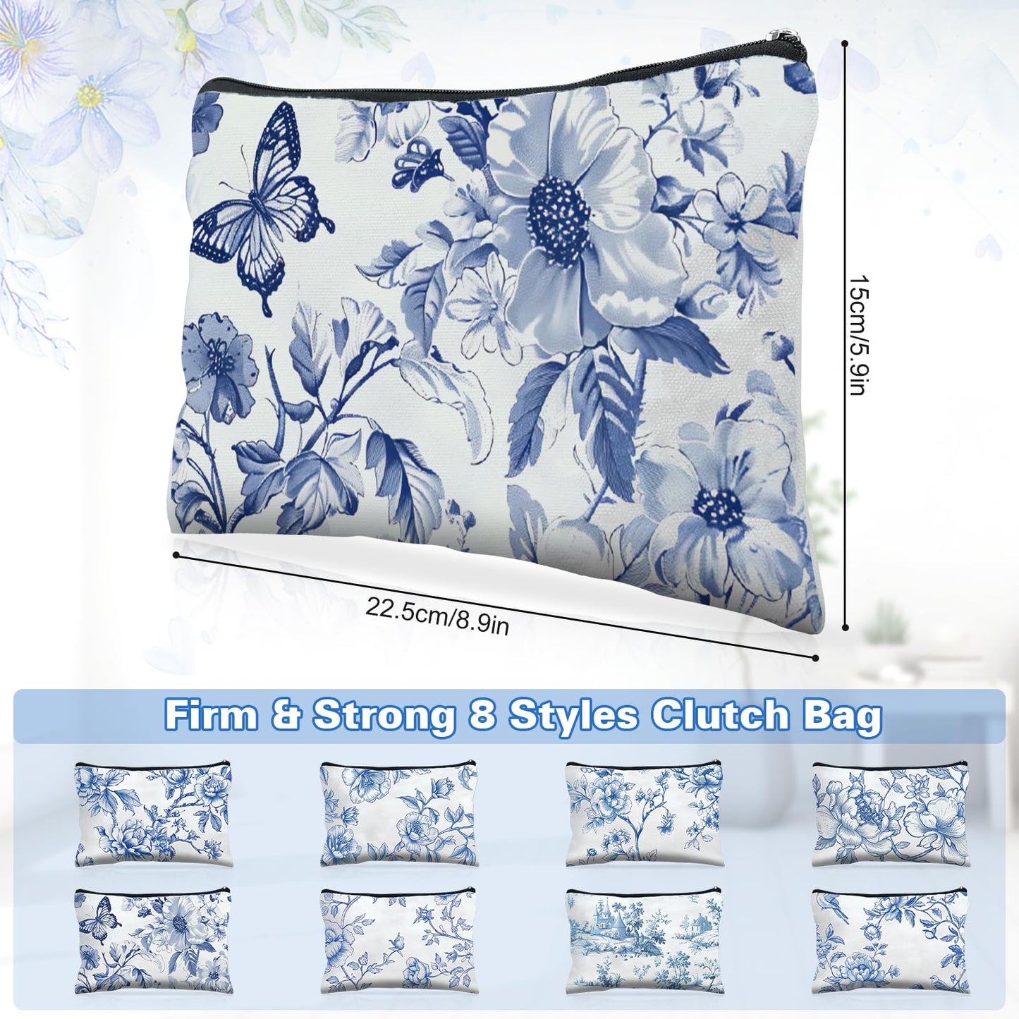 Stuffygreenus 24 Pcs Floral Cosmetic Bags Bulk for Women Blue and White Floral Makeup Bags Chinoiserie Canvas Travel Zipper Pouches Aesthetic Toiletry Bag for Girls Women Bridesmaids Wedding Supplies