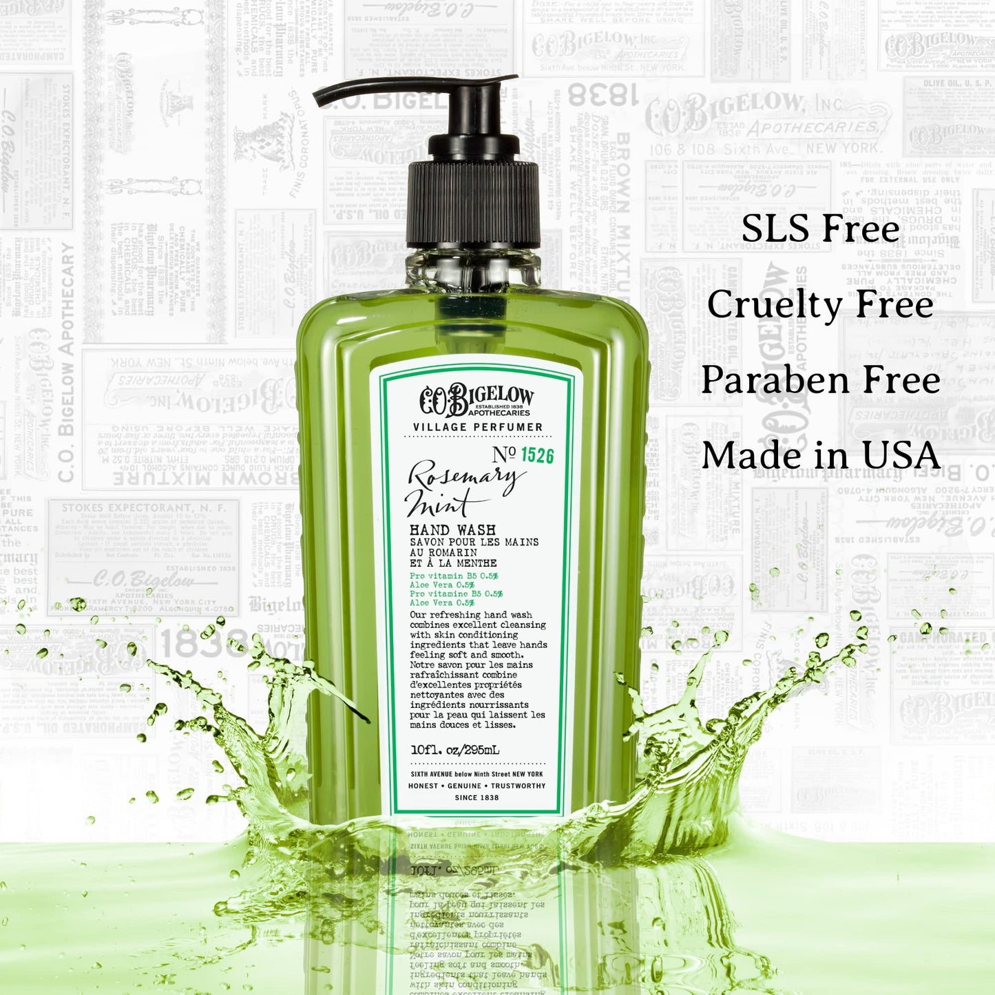 C.O. Bigelow Rosemary Mint Hand Wash, Village Perfumer Liquid Hand Soap with Aloe Vera & B5, 10 Fl Oz