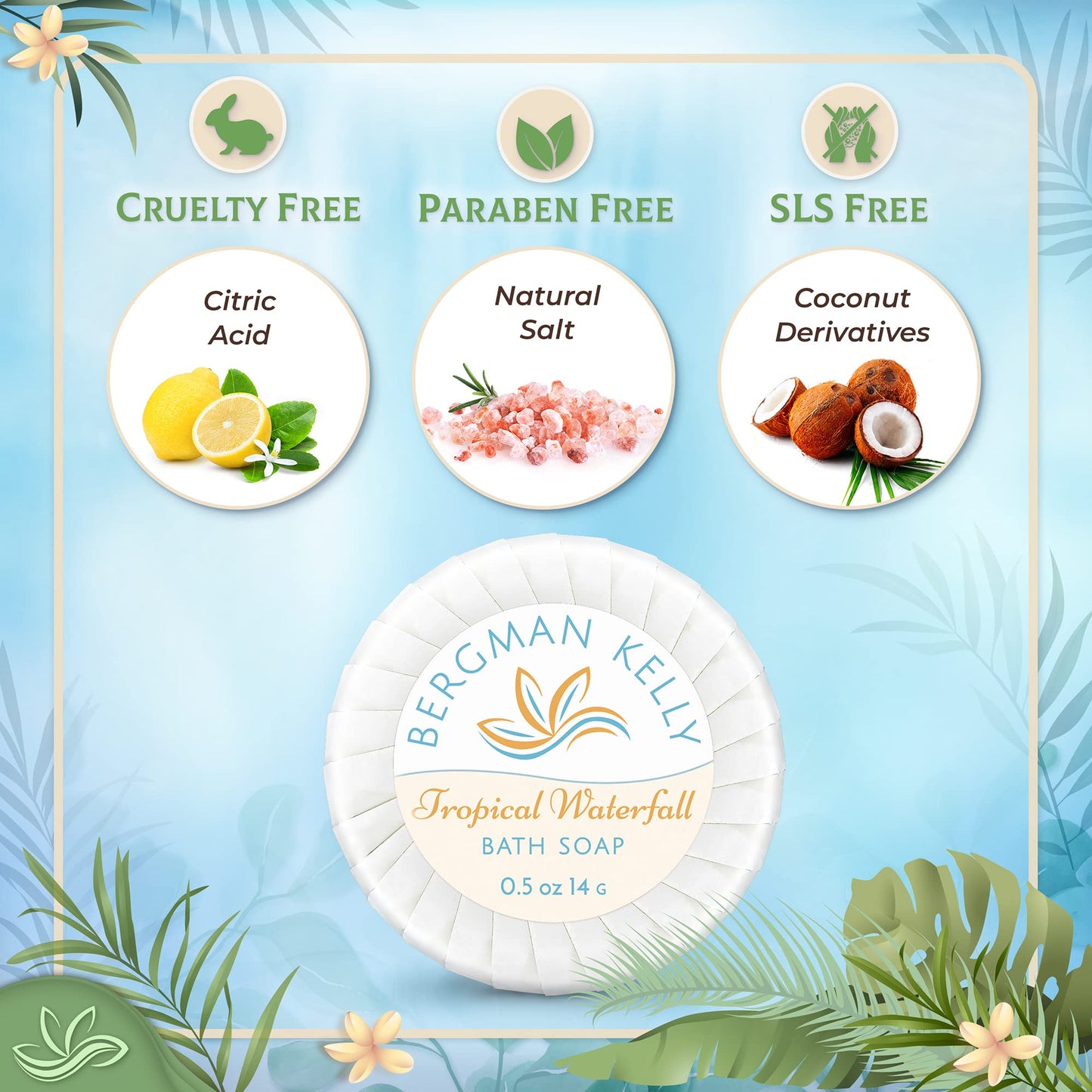 BERGMAN KELLY - Hotel Soap Bars in Bulk - Tropical Waterfall, 0.5 oz, 200 PK - Small Individually Wrapped Round Soap - Travel Size Mini Toiletries for Airbnb, Motel, Guest Bathroom