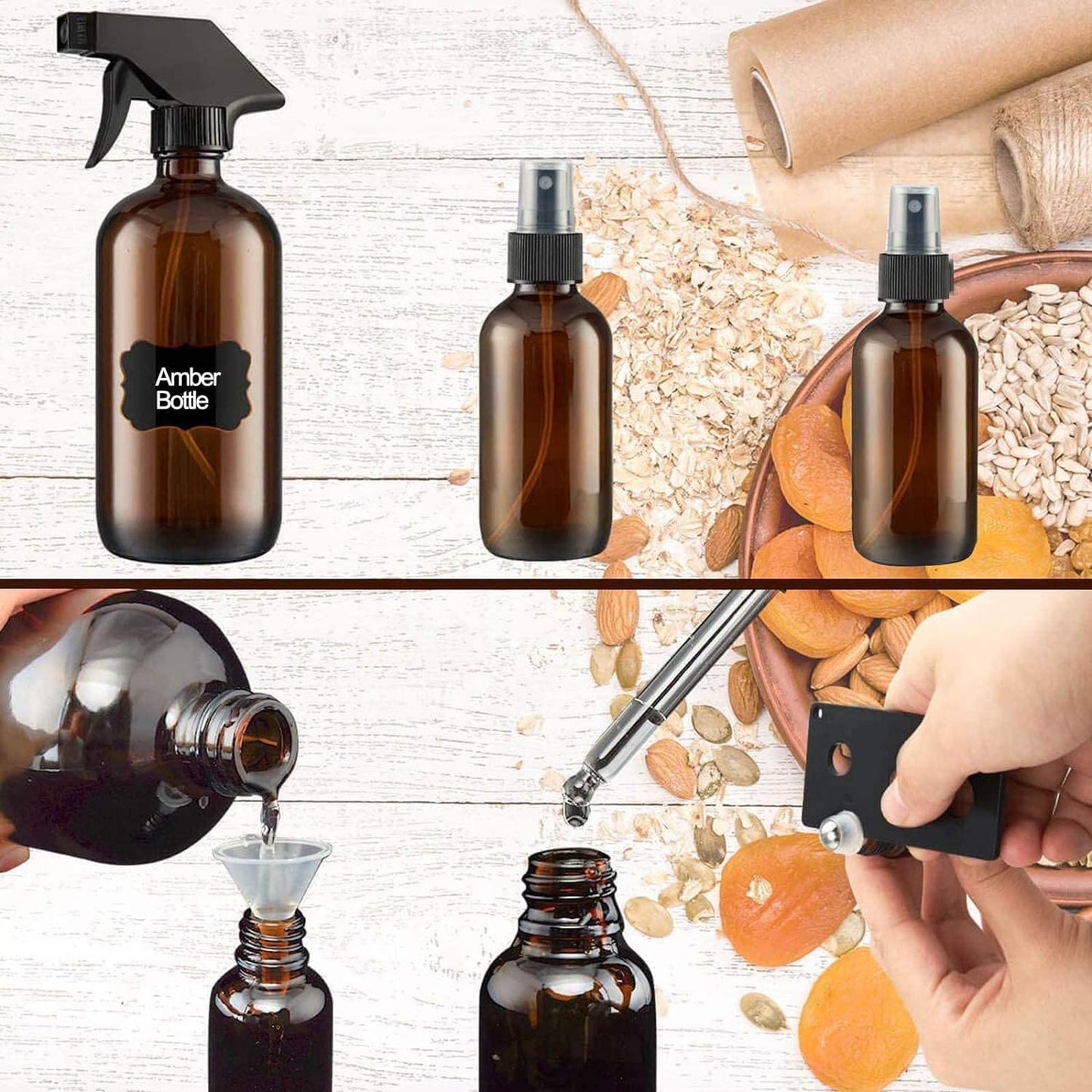 QINGYA 14 Pack amber glass bottle Set,Empty Boston Round Bottles with Adjustable Nozzle,Multi Size and Versatile(16oz,8oz,4oz,2oz,1oz) x 2, 10 ml Roller Bottle x 4 with Labels