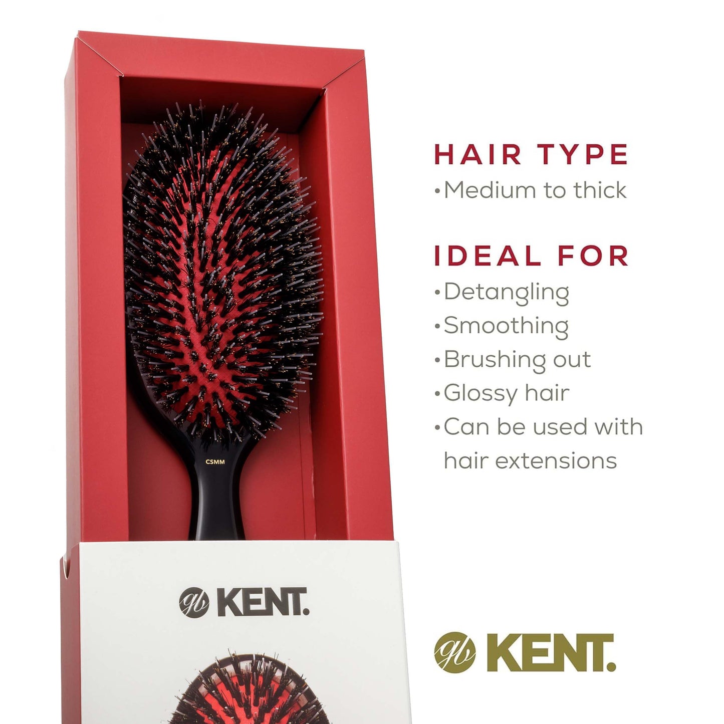 Kent CSMM 7.75" Classic Shine Medium Oval Cushion Straightening Brush - Natural Black Boar Bristle Hair Brush with Nylon Quills - Shine Hair Brush and Scalp Scrubber for Shoulder to Mid Length Hair