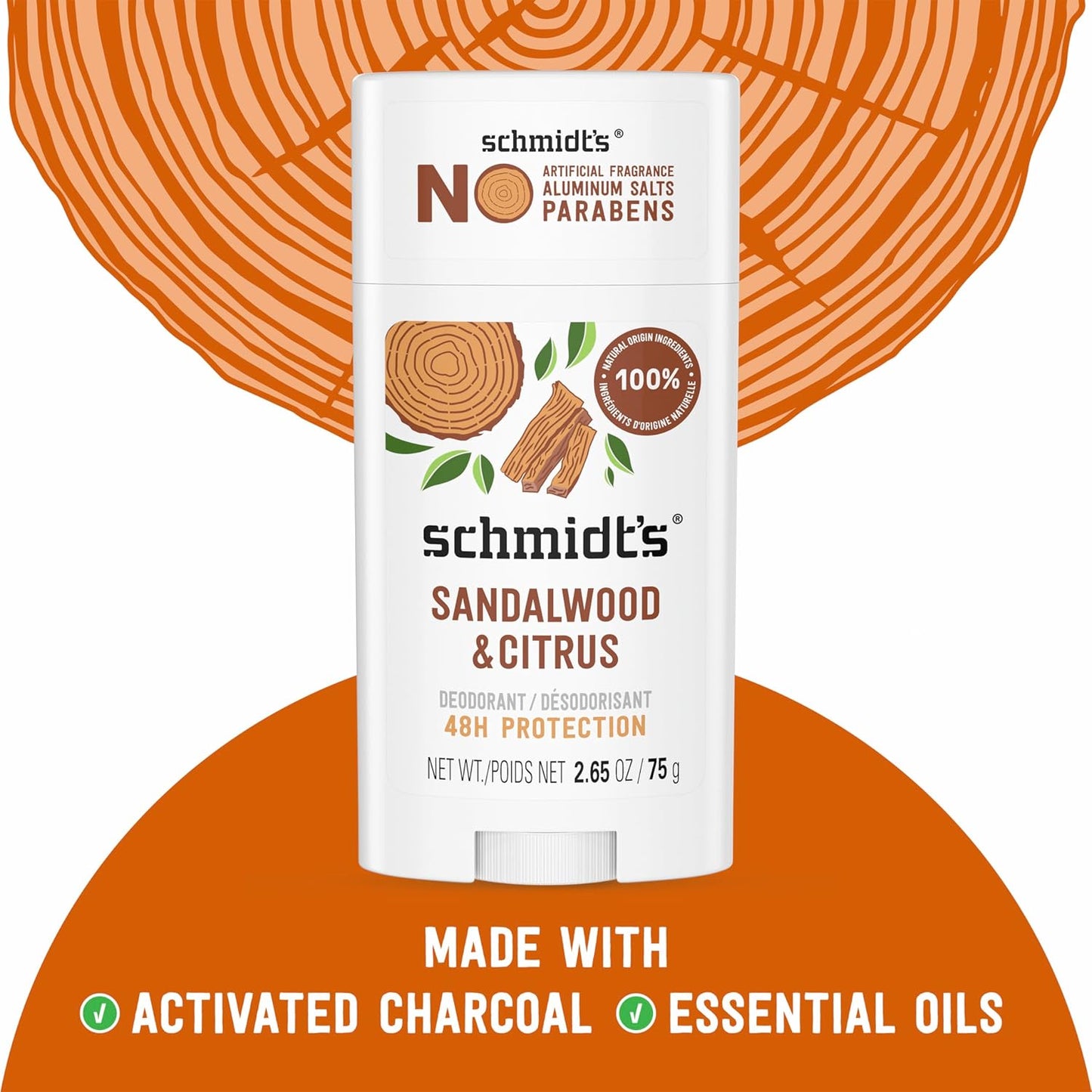 Schmidt's Vegan Deodorant - Aluminum-Free Sandalwood & Citrus | 24-Hour Odor Protection, 2.65 oz