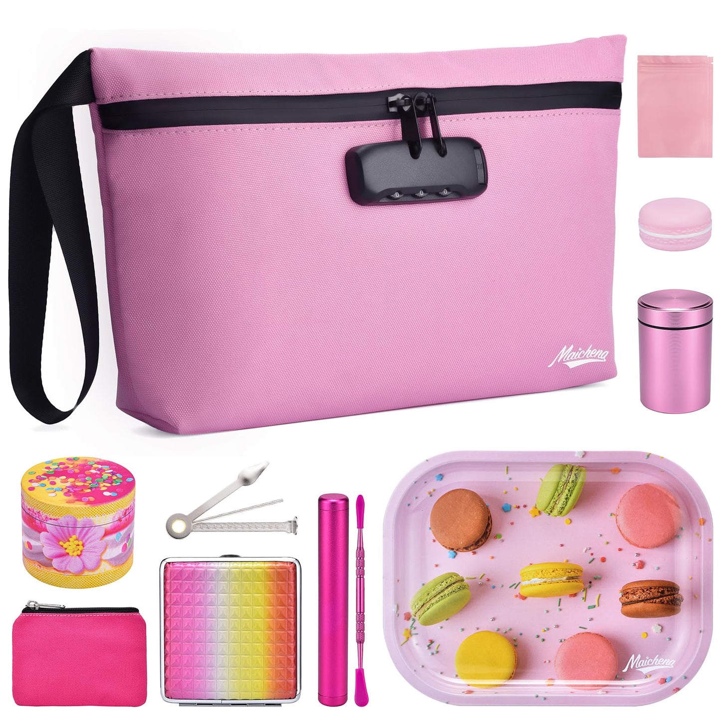 MAICHENG Smell Proof Bag with Combination Lock and 10 Accessories, Travel Medicine Odorless Storage Lock Box Case Container, Unique Design, Ideal Gift for Women, Pink