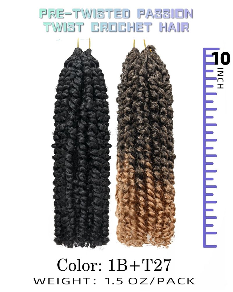 Passion Twist Crochet Hair - 10 Inches, 9 Packs, Super Soft & Bouncy Synthetic Extensions for Black Women | Mixed Color Combo (1B + T1B/27)