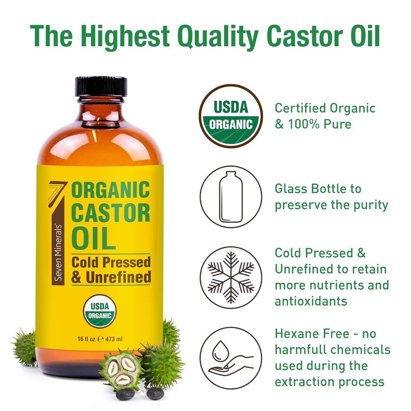 Organic Castor Oil - 16 fl oz Cold Pressed & Unrefined Glass Bottle | 100% Pure & Hexane Free