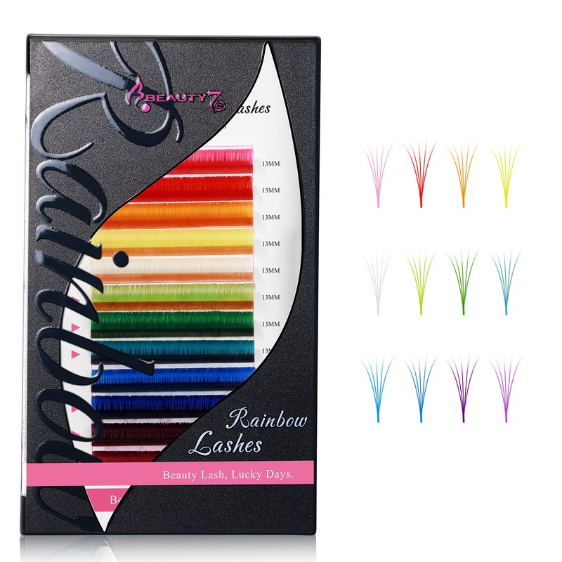 Beauty7 Colored Lash Extensions Rainbow Lashes Easy Fan 12 Colors Lashes Self Fanning Ombre Lash Extensions D+ Curl 0.05mm thickness 15mm Dramatic Eyelashes Extension