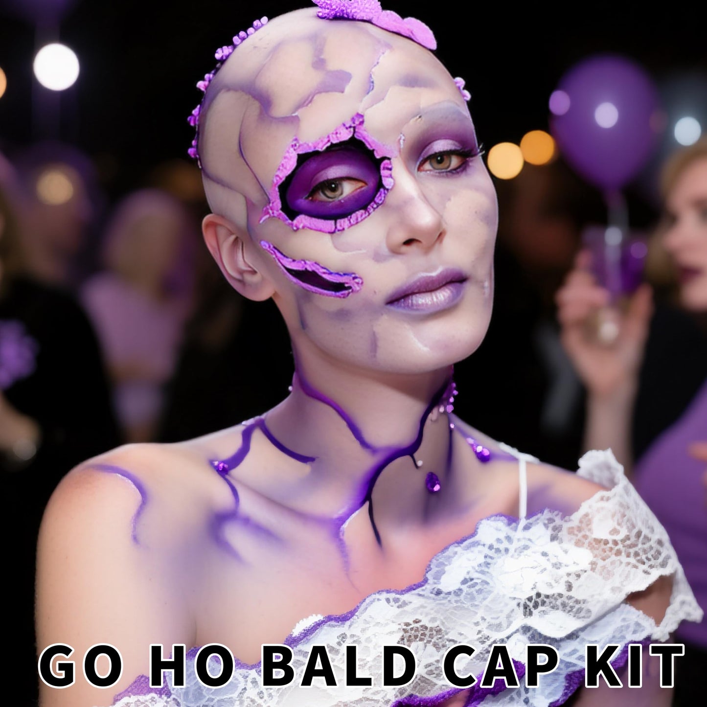 Go Ho Halloween Professional Bald Cap SFX Kit - Complete 8-Piece Makeup Set with Latex (30ml),Water Based Acrylic Adhesive(10ml),6 Colors Flesh Palette,Loose Setting Powder,Bald Cap&Applicators