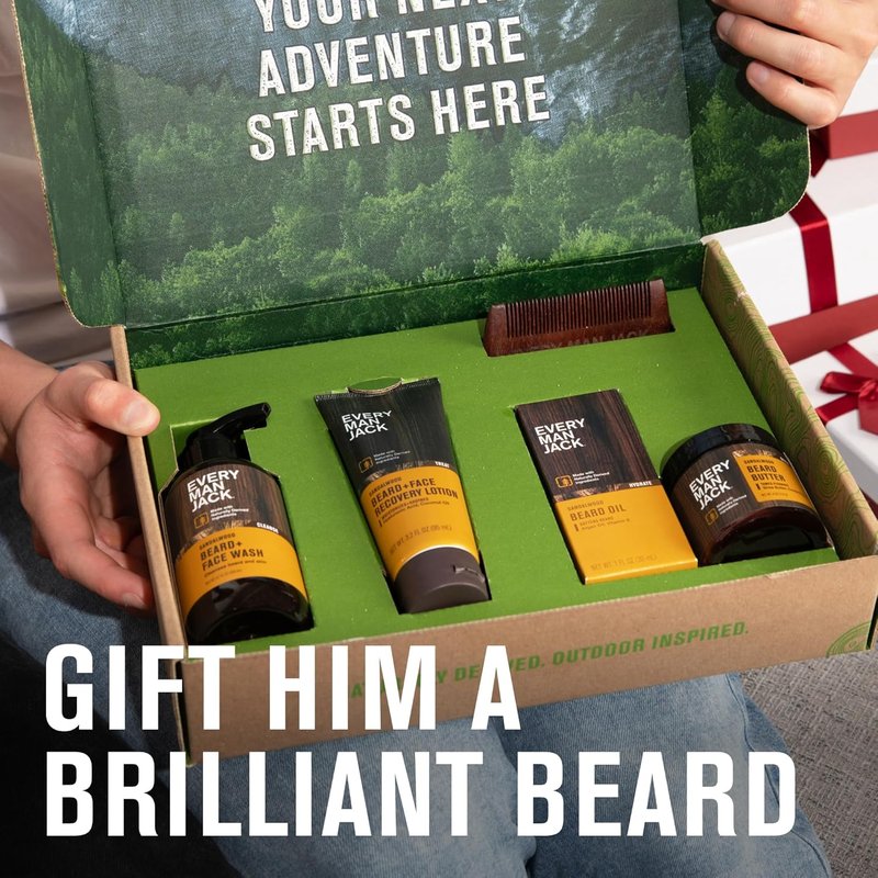 Every Man Jack Beard Essentials Gift Set - Complete 5-Piece Routine | Sandalwood Scented Beard Care Kit