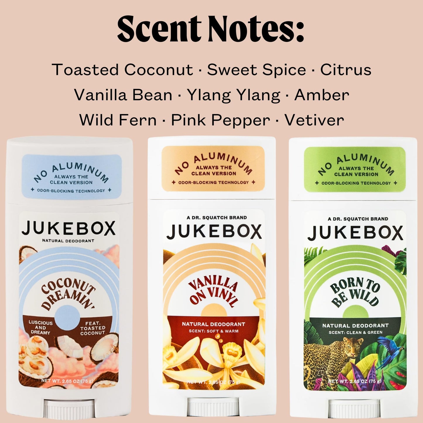 Jukebox Natural Deodorant for Women–Coconut Dreamin', Vanilla on Vinyl & Born To Be Wild, Multi Pack-Aluminum-Free, No Baking Soda, No Harsh Chemicals, Odor Blocking-a Dr. Squatch Brand-2.65oz,3 Pack