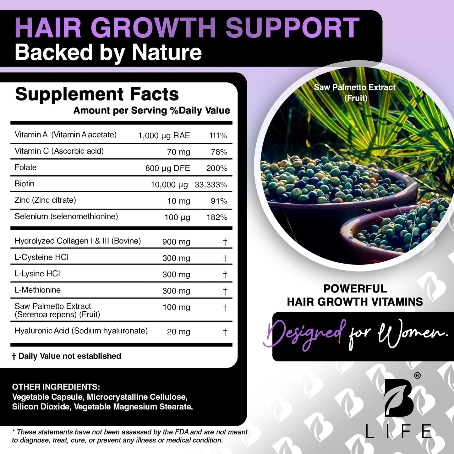 B Life Company Hair Vitamins for Hair Loss for Women – Biotin for Hair Growth – Hair Loss Treatments for Women – Healthy Hair Skin and Nails –240 Capsules – 60 Servings