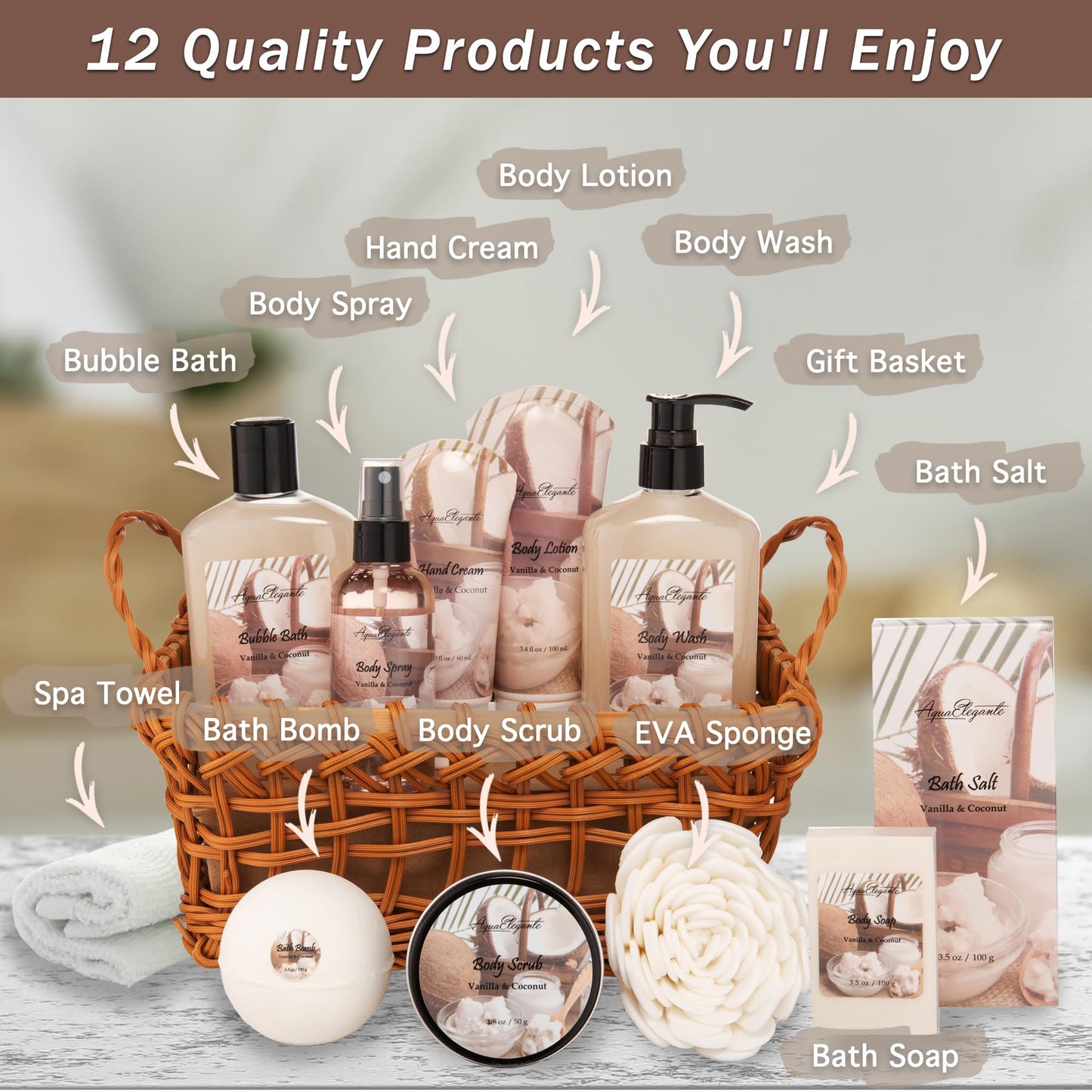 Aqua Elegante Spa Basket For Women - Deluxe Bath Set with Wash, Bubble Bath, Lotion, Salts, Body Scrub, Towel, Shower Puff, Bathbombs, Reusable Basket, Gifts for Mom, Wife, Her - Honey & Lavender