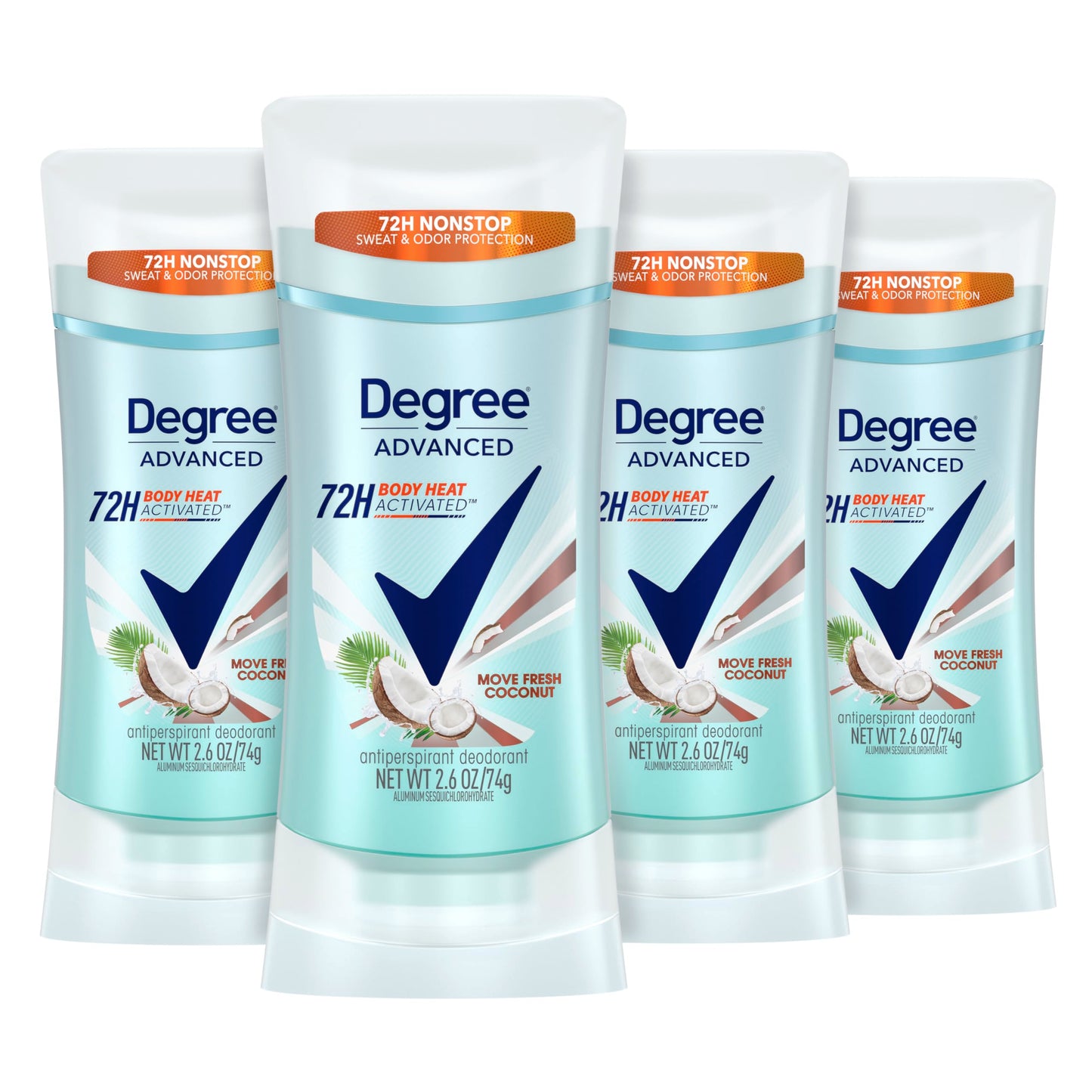 Degree Advanced Antiperspirant Deodorant Move Fresh Coconut 4 Count 72-Hour Sweat & Odor Protection Antiperspirant for Women with MotionSense Technology 2.6 oz