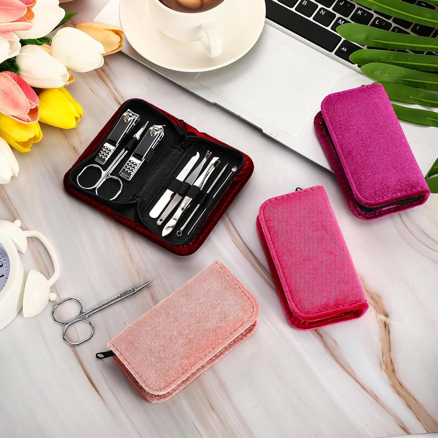 Mini Manicure Set - 24 Sets Nail Grooming Kit for Men & Women | Luxurious Travel Case, Stainless Steel, 8-in-1 (Red)
