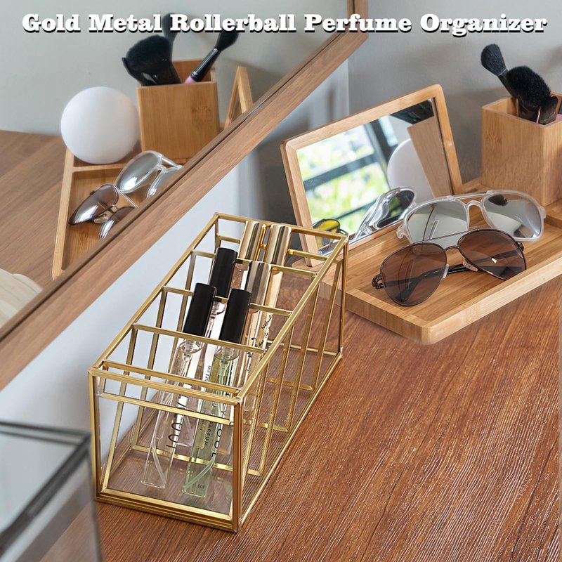 ELLDOO Rollerball Perfume Organizer, 4 Compartment Clear Glass Perfume Storage Holder Vintage Beauty Scent Holder, Metal Makeup Lipgloss Lipstick Display Case