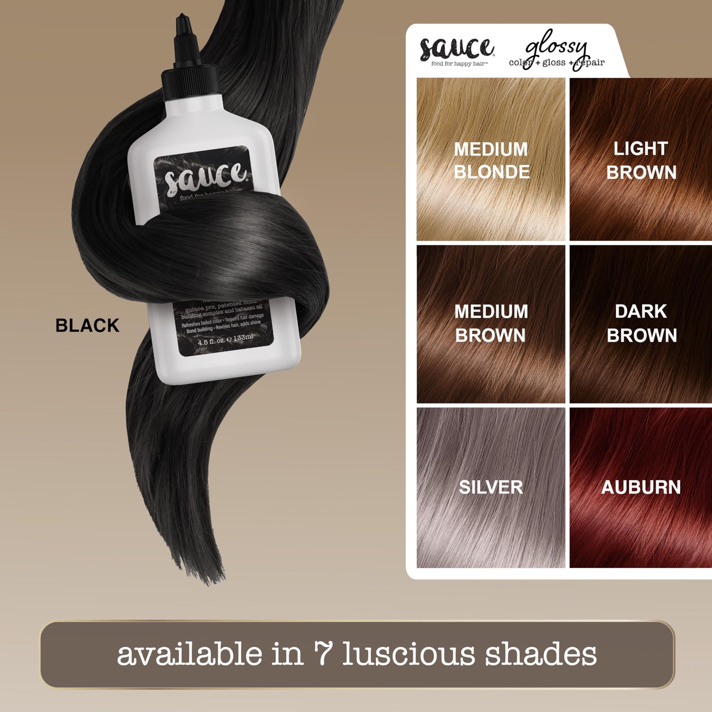 Sauce Beauty Glossy Color + Gloss + Repair, Black, Semi Permanent Hair Dye with Bond-Building and Color-Fade Protection Technology, Adds Shine & Deep Moisture, Lasts 4-8 Weeks, Stops Fade