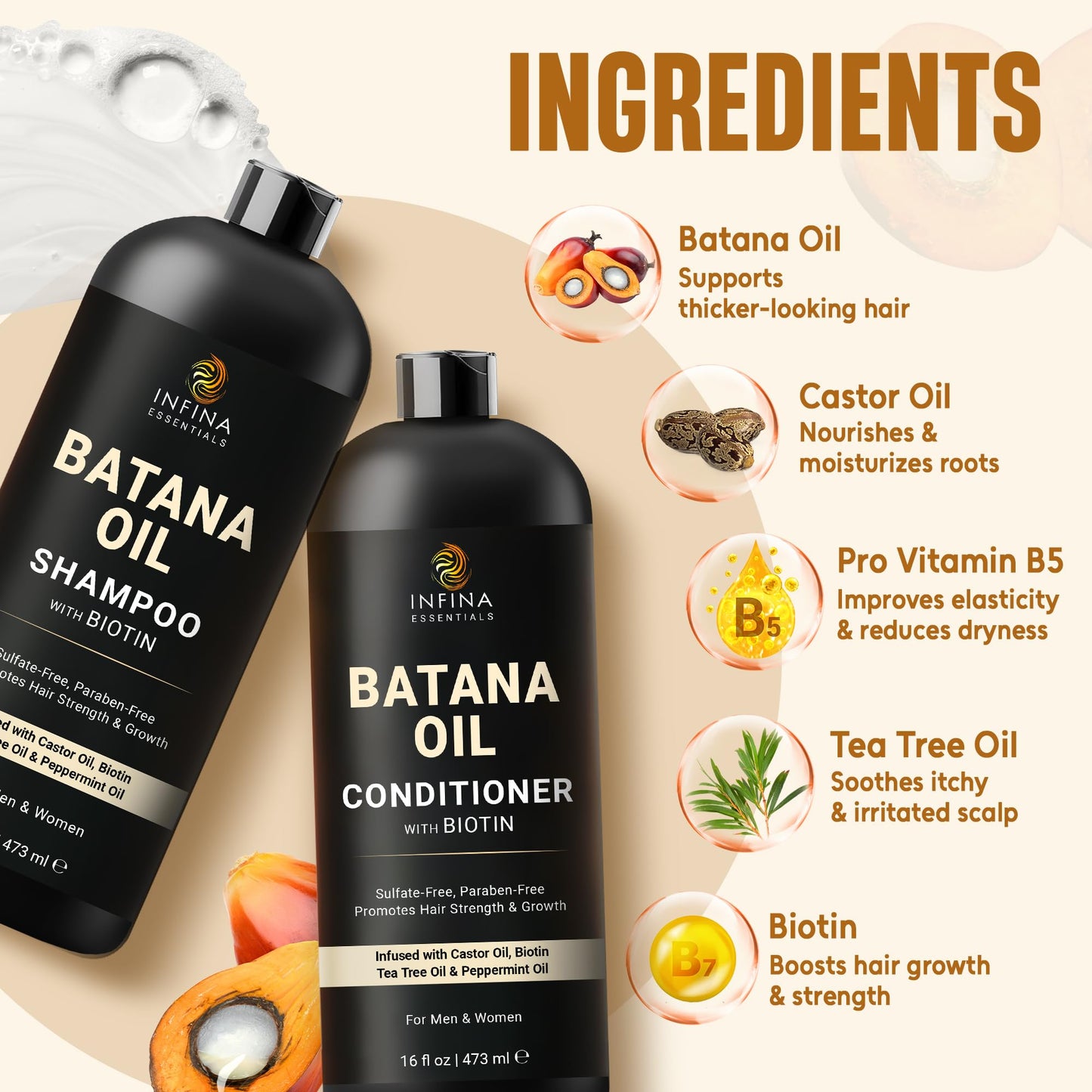 INFINA ESSENTIALS Batana Oil Shampoo and Conditioner Set | 16 fl oz Each | with Biotin & Tea Tree | Moisturizing, Strengthening & Nourishing Formula | Promotes Hair Growth and Thickness