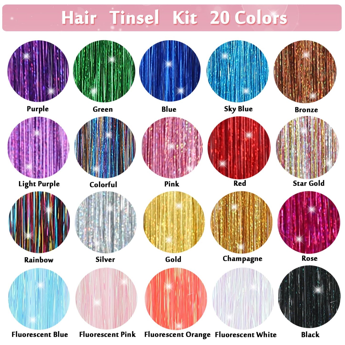 Hair Tinsel Kit 20 Colors 4800 Strands Fairy Hair Tinsel Heat Resistant 48 Inches Glitter Tinsel Hair Extensions Highlights Sparkling Hair Tinsel Kit for Girls Hair Accessories Party Festival
