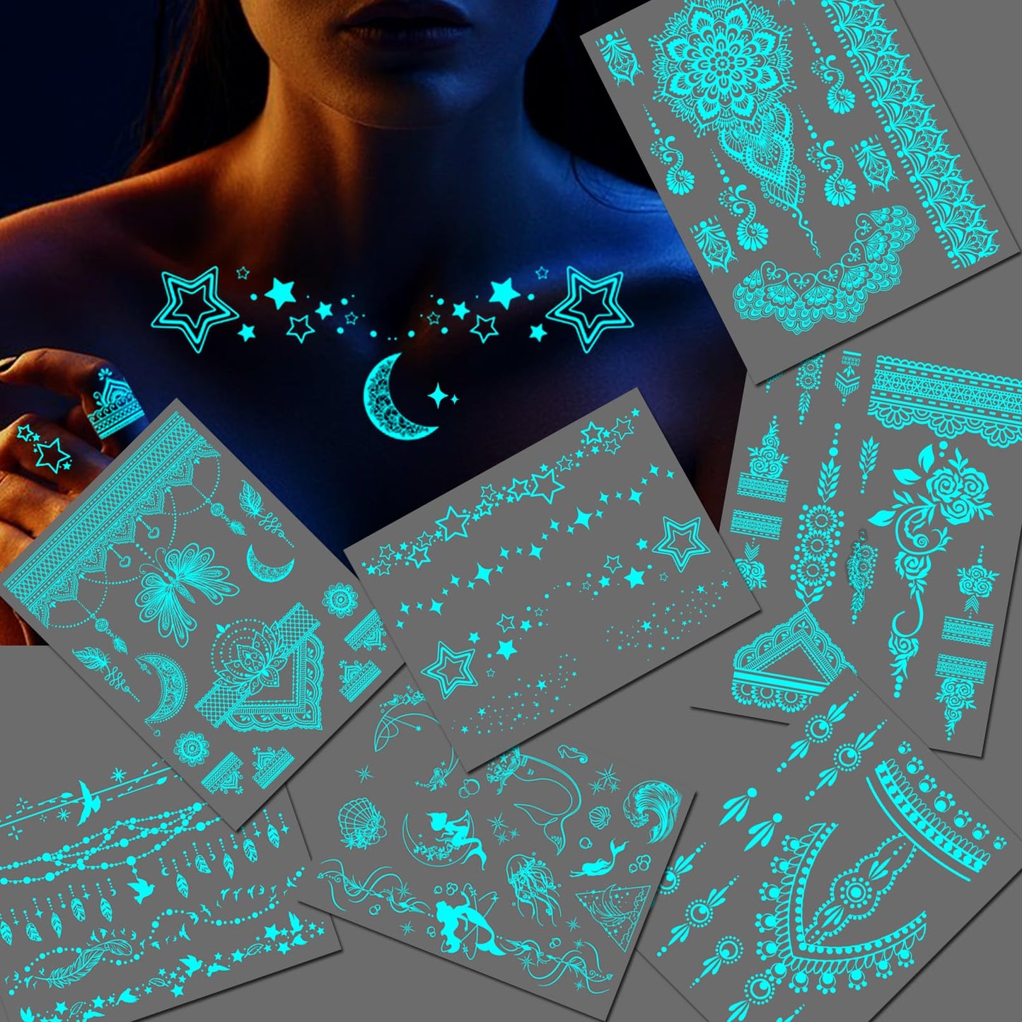Casciybo Glow In The Dark Tattoo 7 Sheets for Women, UV Blacklight Reactive Face Temporary Tattoos for Adults Fake Flower Butterfly Waterproof Face Body Arm Tattoo, Night Glitter Party Supply