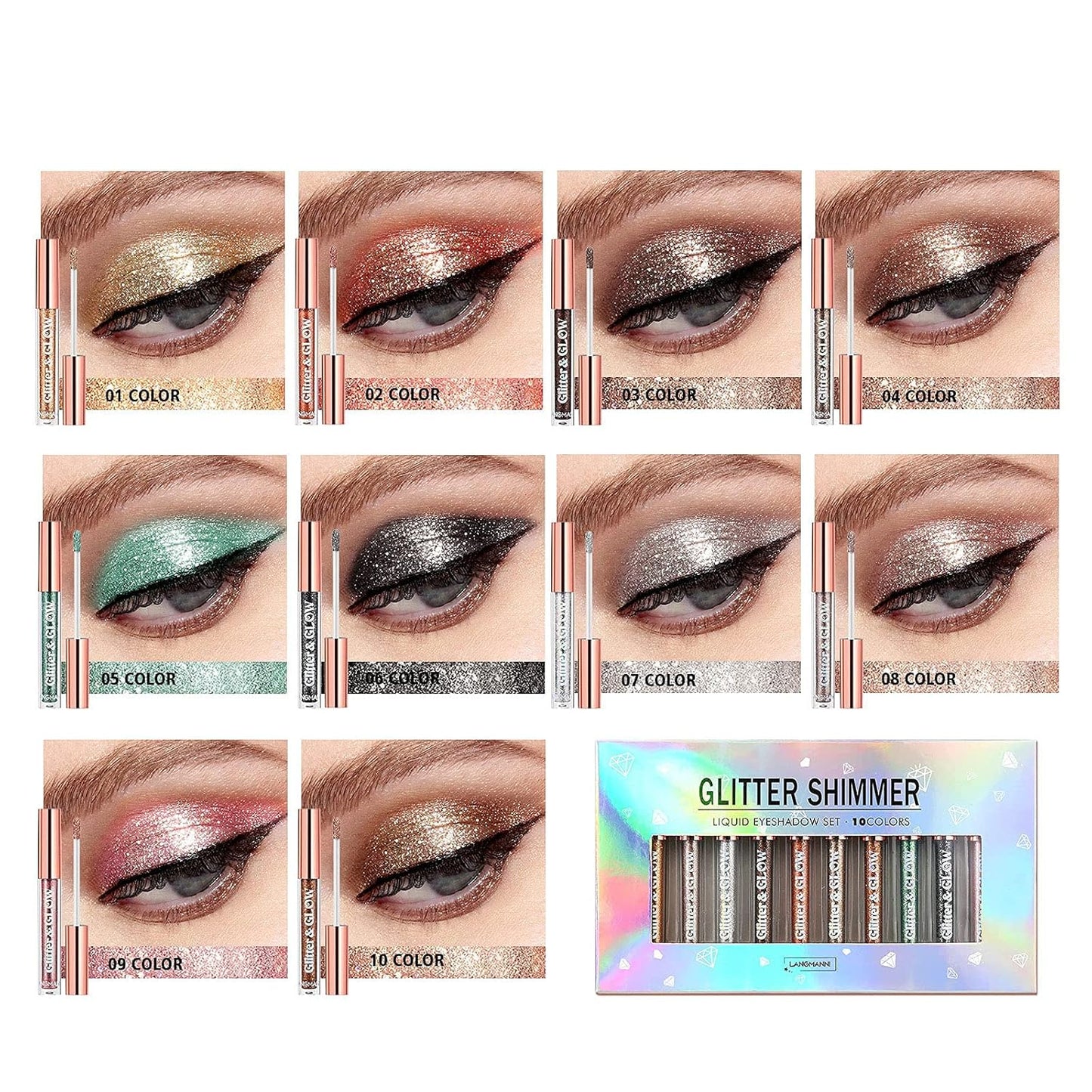 Liquid Glitter Eyeshadow & Matte Eyeliner Set - Rainbow Neon Colors | Waterproof & Smudgeproof Makeup Gift Kit for Women