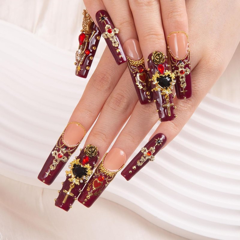 Gothic Romance Press-On Nails - Handmade Full-Cover Crystal Design | Reusable Square Mid-Length 1.7in | H333-M