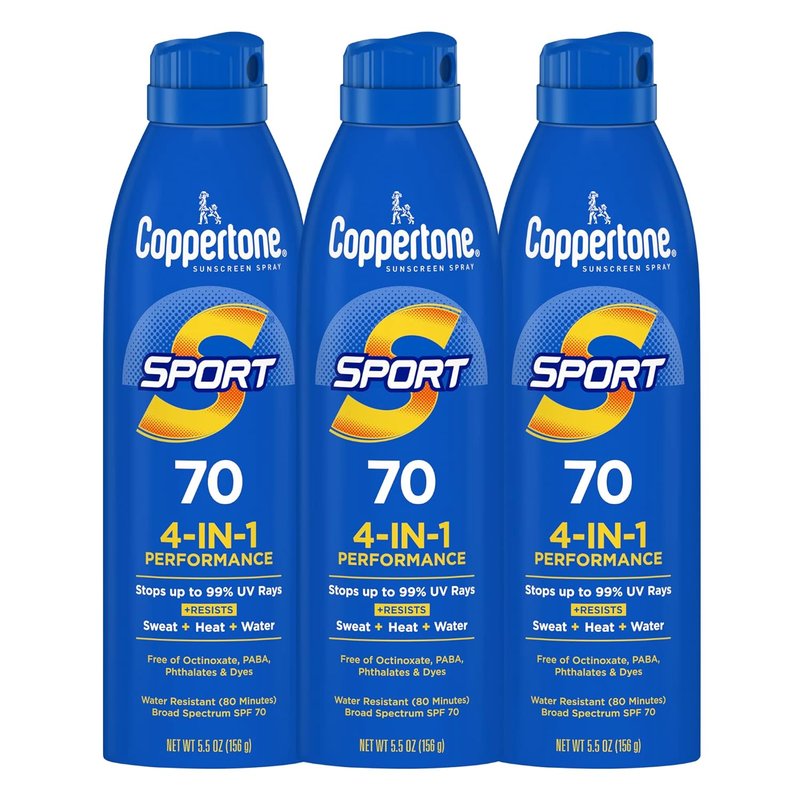 Coppertone SPORT Sunscreen Spray SPF 70 - Water Resistant Broad Spectrum Protection | 5.5 Oz, Pack of 3