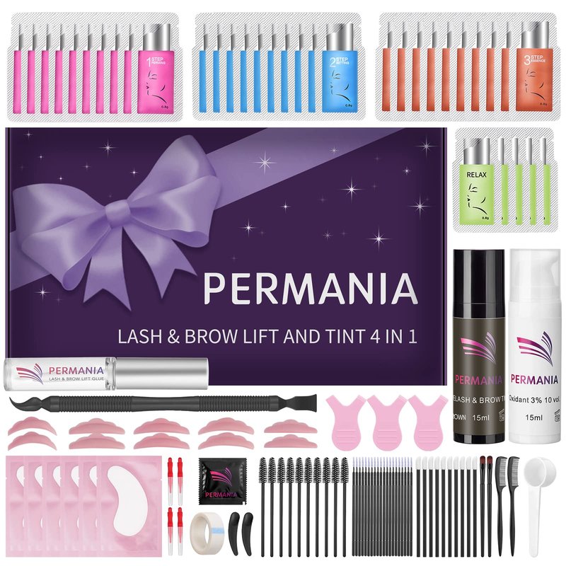 PERMANIA Brow Lamination with Brown Color Kit, Lash Lift & Eyebrow 4 IN 1 Brown Coloring Make Eyelash Perm Voluminous and Curl for Salon & Home Lasts up to 6 Weeks (Brown)