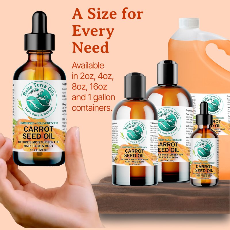 Bella Terra Oils - Organic Carrot Seed Oil 8 oz - Not Just for Tanning, Packed with Antioxidants, Cold-Pressed for Ultimate Skin Embrace & Natural Shine