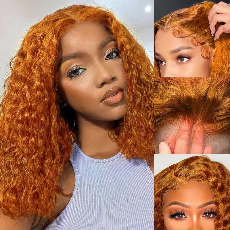 GOLFMAX 8-Inch Curly Bob Wig - Ginger Lace Front Human Hair | Water Wave, Pre-Plucked 13x4