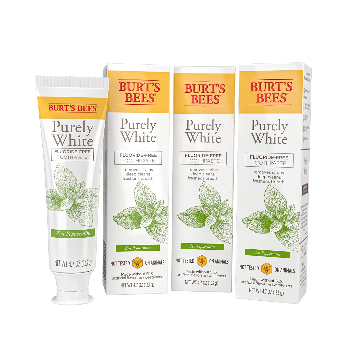 Burt's Bees Toothpaste, Natural Flavor, Fluoride Free Purely White, Zen Peppermint, 4.7oz 3 Count