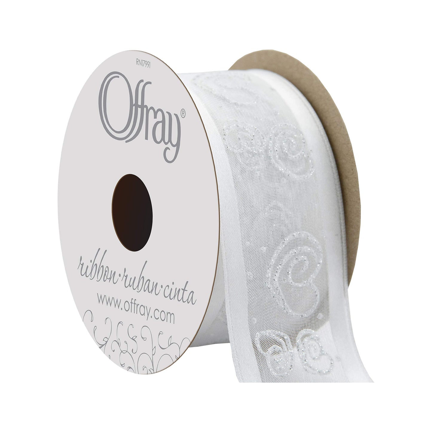 Offray Wired Edge Swirl Heart Craft Ribbon, 1 1/2-Inch x 9-Feet, White (594087)