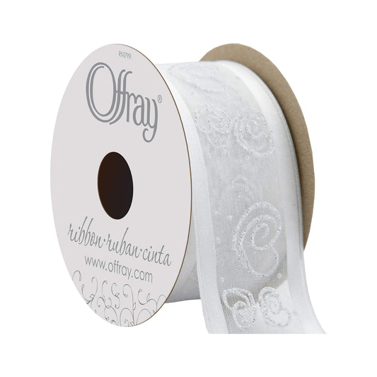Offray Wired Edge Swirl Heart Craft Ribbon, 1 1/2-Inch x 9-Feet, White (594087)